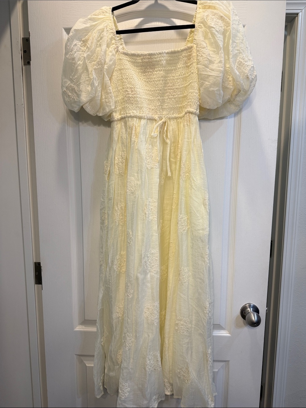 Cream Puff-Sleeve Smocked Maxi Dress